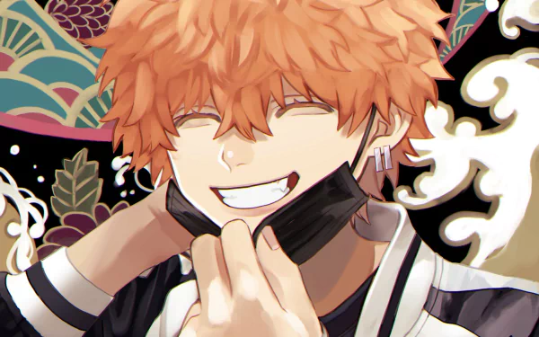 HD desktop wallpaper featuring Nahoya Kawata from the anime Tokyo Revengers, showcasing his playful smile and vibrant orange hair against a detailed patterned background.