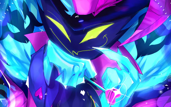 Vibrant HD PC desktop wallpaper featuring Asmodeus from the TV show Helluva Boss, showcasing vivid neon colors and dynamic, fiery blue and purple tones.