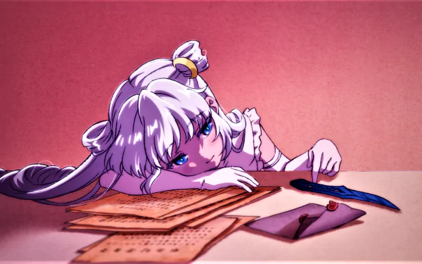 Dia from The World's Finest Assassin Gets Reincarnated in Another World as an Aristocrat: purple‑haired anime assassin draped over letters, envelopes and a dagger — HD desktop wallpaper.
