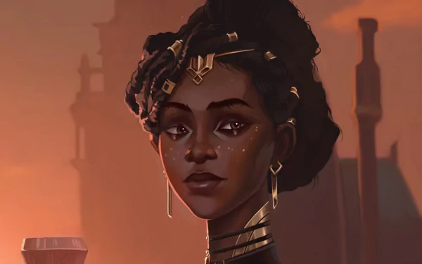 Mel Medarda from the TV show Arcane, elegant portrait against a warm orange city skyline — 2K Quad HD PC desktop wallpaper and background.