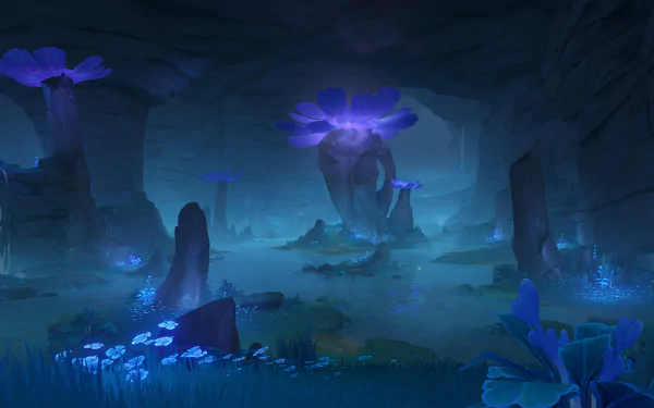 Enkanomiya (Genshin Impact) cavern: bioluminescent purple-blue flowers, misty ruins and glowing pools — atmospheric 4K Ultra HD PC desktop wallpaper/background from the Genshin Impact video game.