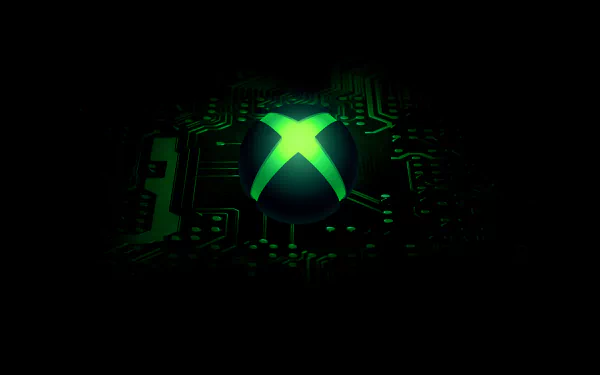 HD Xbox-themed desktop wallpaper featuring a glowing green Xbox logo on a dark, circuit-inspired background.