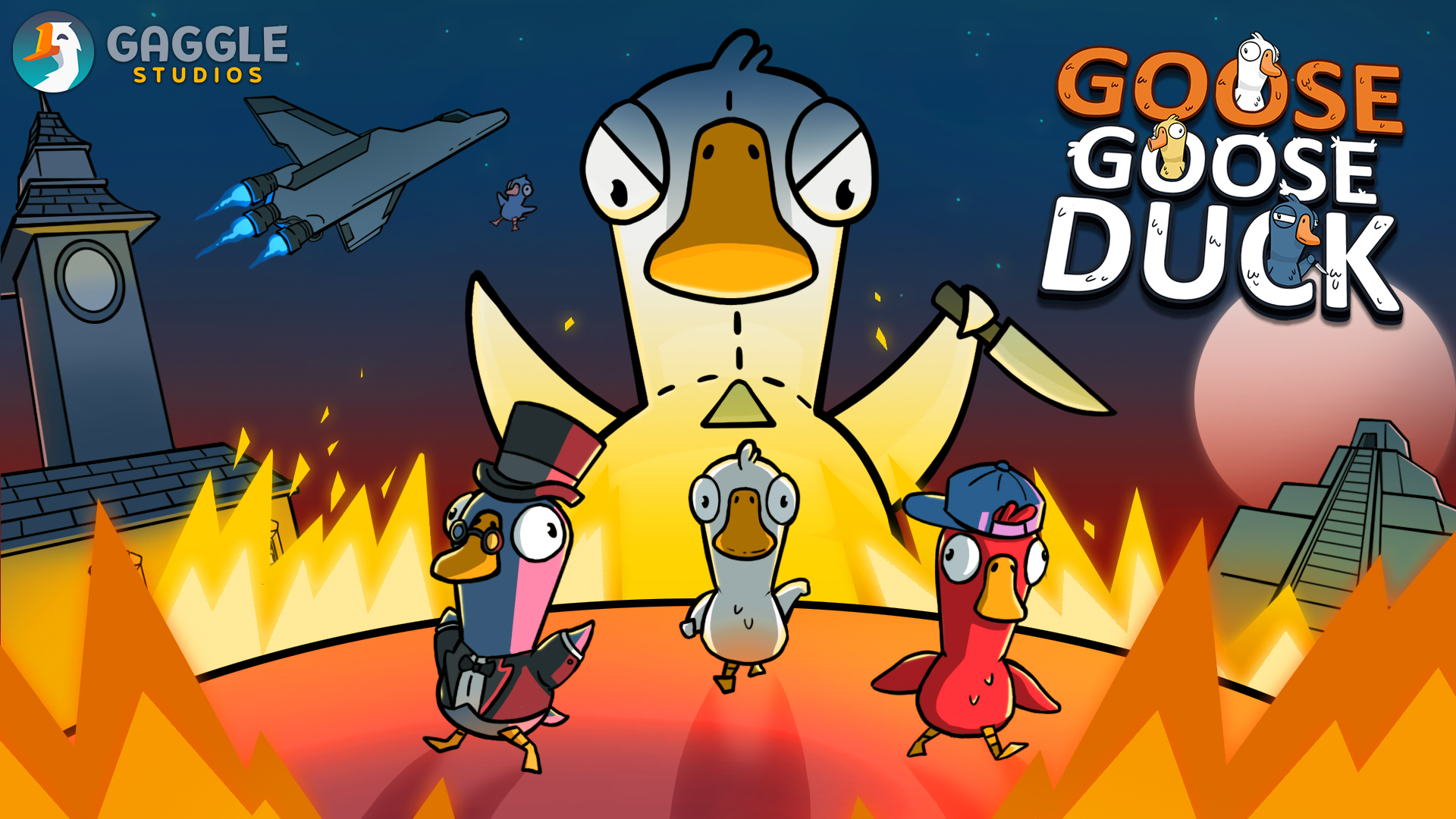 HD desktop wallpaper featuring characters from Goose Goose Duck game by Gaggle Studios, with a large duck in the center and smaller ducks wearing hats, against a fiery backdrop and spaceship.