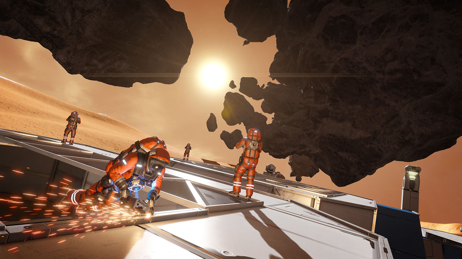 HD desktop wallpaper featuring space engineers working on a metal structure against a backdrop of floating rocks and a bright sun on a Mars-like planet.