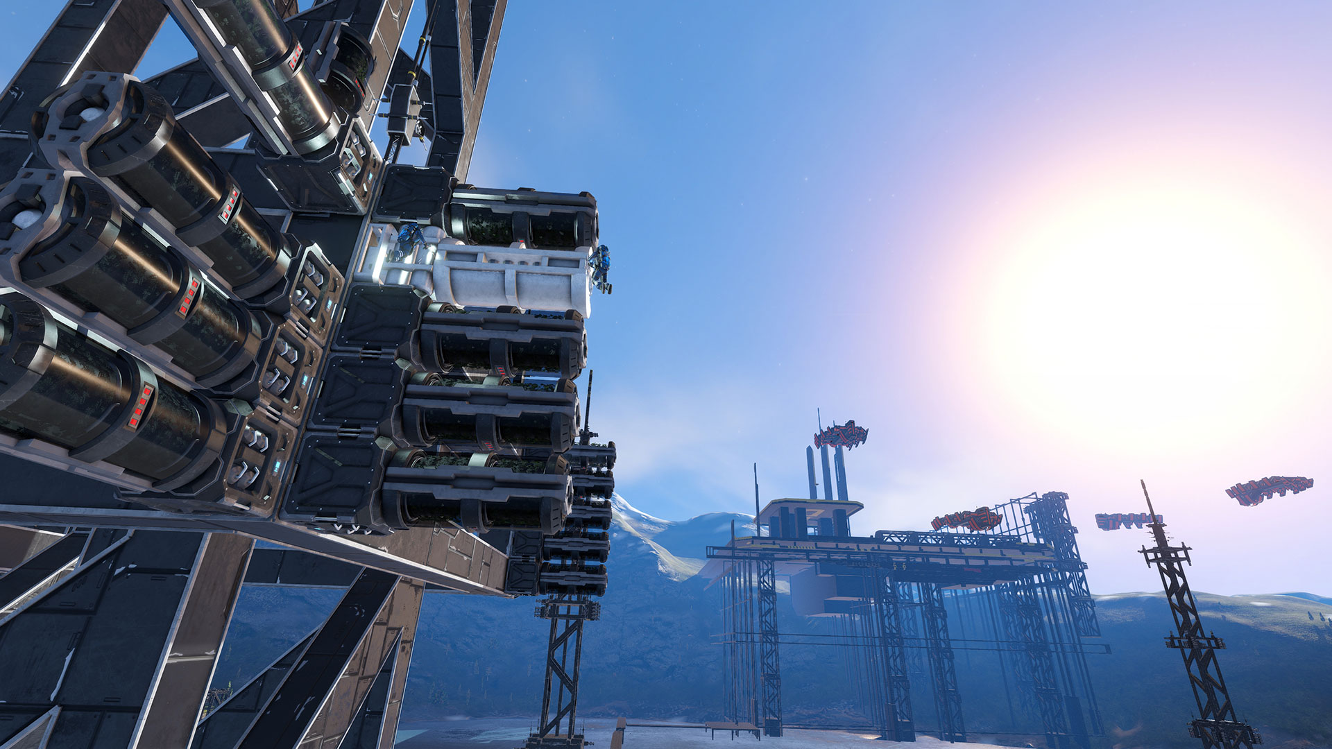 HD desktop wallpaper of Space Engineers game showing futuristic space construction and machinery with a sunlit background.