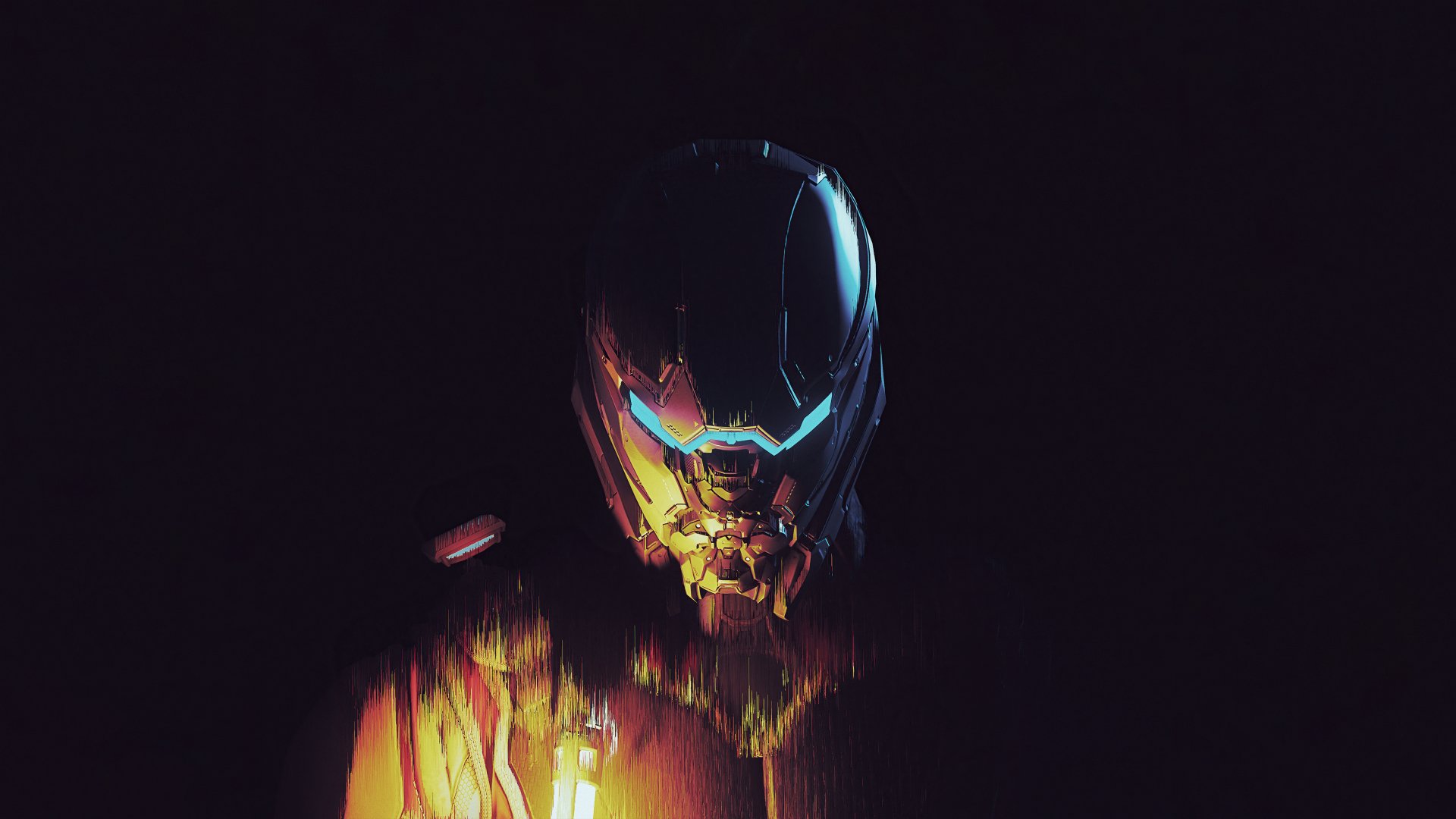 Dark, futuristic helmeted figure with glowing blue and orange accents from the Star Citizen video game, rendered as a 4K Ultra HD PC desktop wallpaper background.