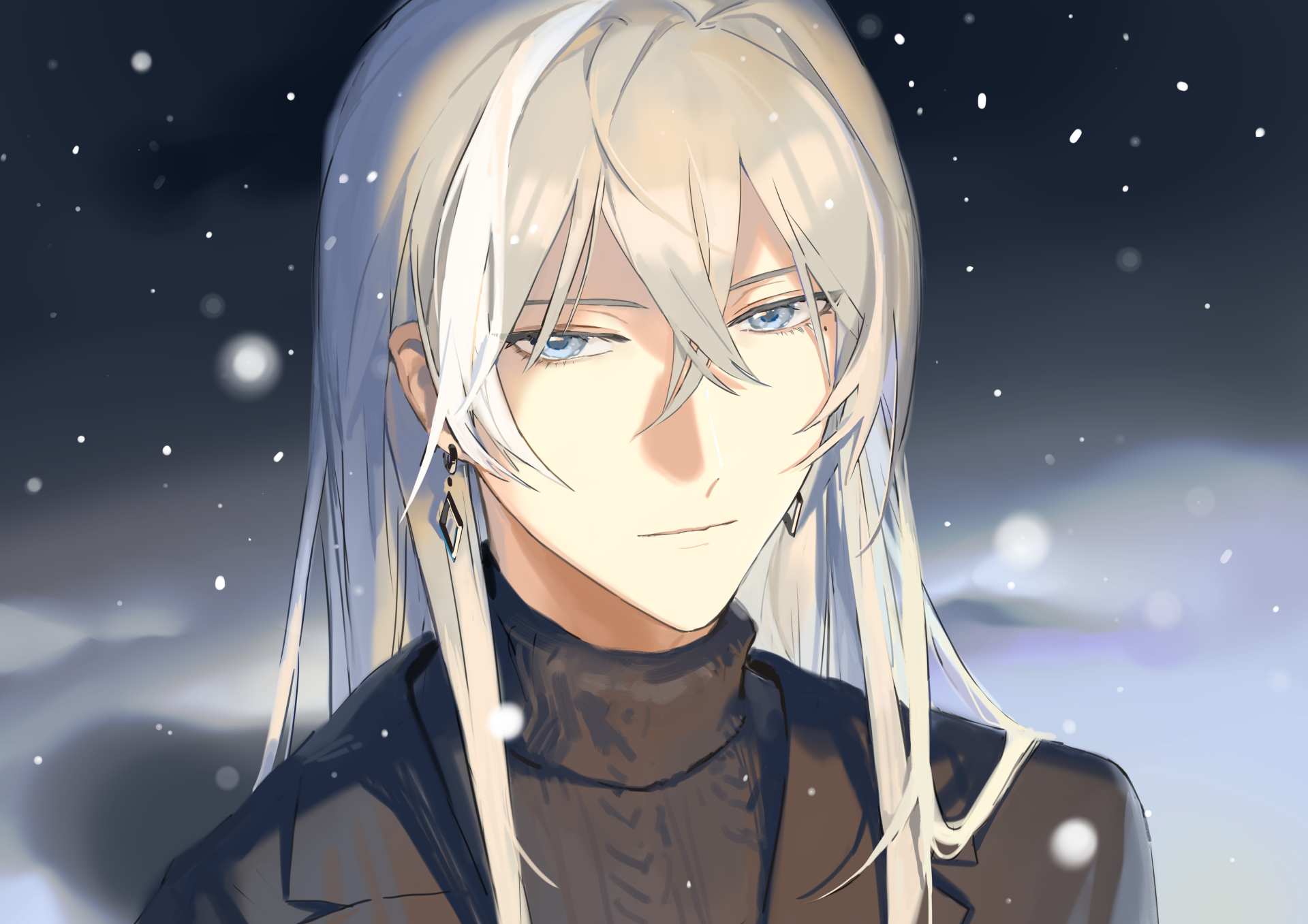 Yuki (IDOLiSH7) — anime portrait: long white hair, pale blue eyes, dark turtleneck, snow drifting beneath a starry night. 5K Ultra HD PC desktop wallpaper/background.