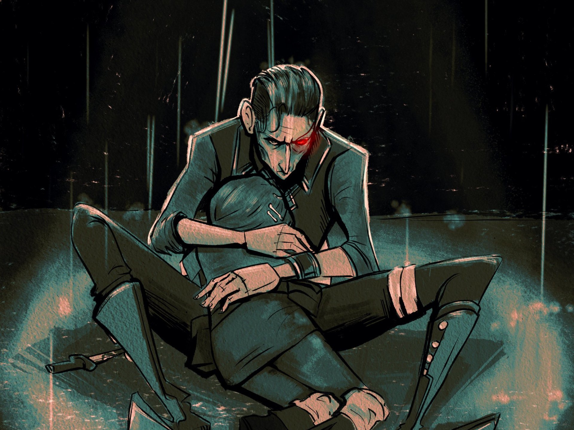 HD PC desktop wallpaper featuring Silco from the TV show Arcane, inspired by League of Legends, depicted in a dark, emotional scene.