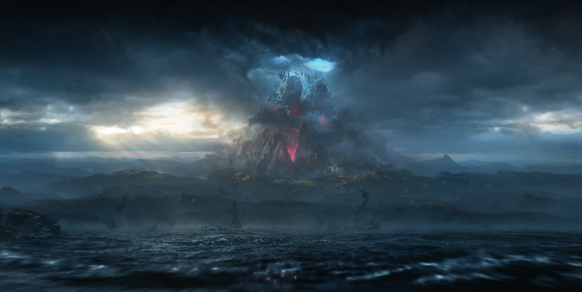 HD desktop wallpaper featuring a dramatic New World volcanic landscape with glowing magma and stormy ocean.
