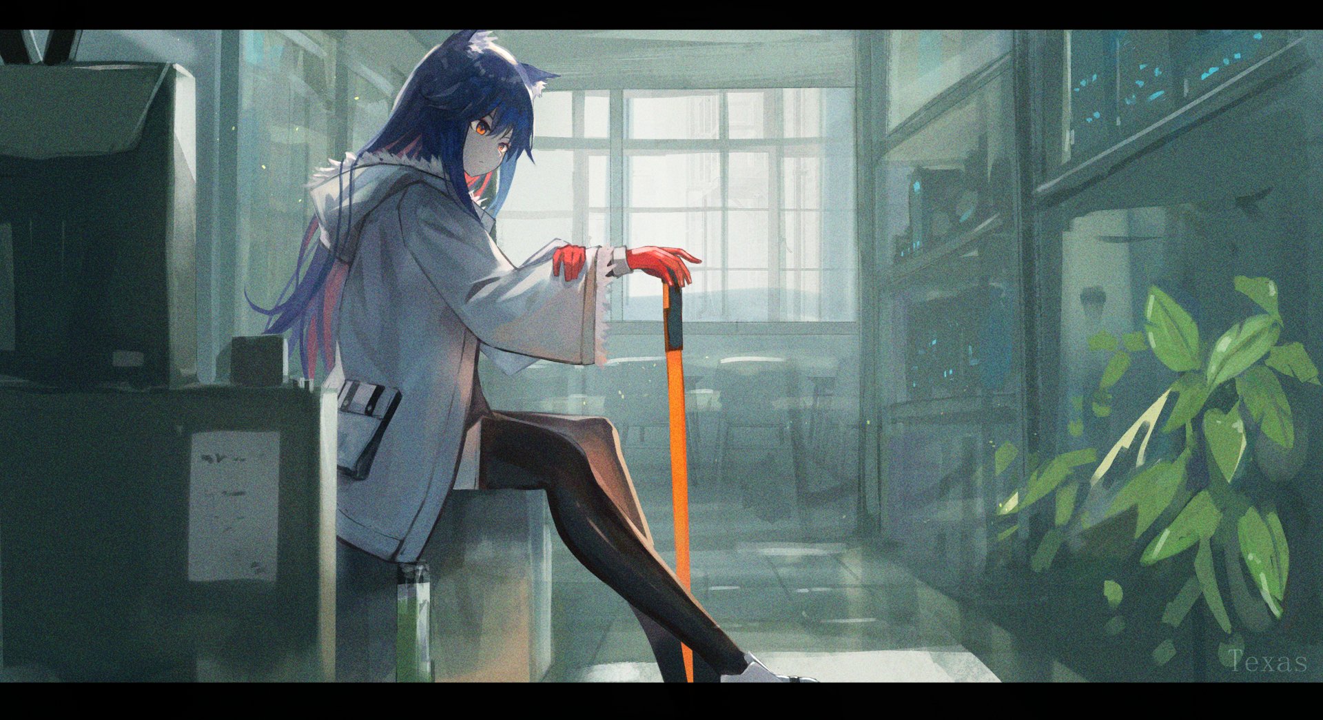 4K Ultra HD wallpaper of Texas from the video game Arknights, seated indoors with an orange cane, showcasing detailed art and atmospheric lighting.