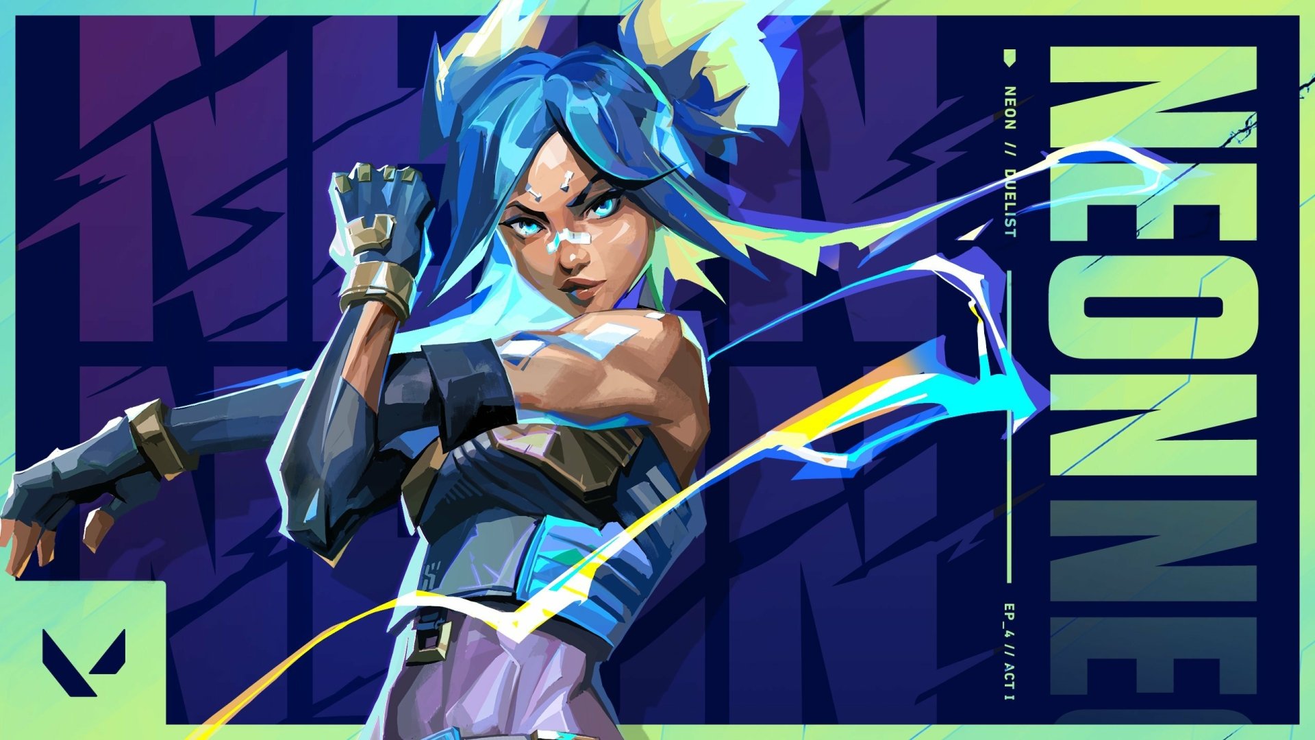 HD PC desktop wallpaper featuring Neon, a dynamic character from the video game Valorant, with vibrant blue and purple tones and electric effects.
