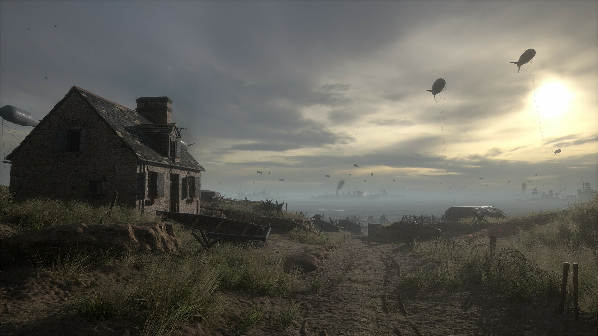 HD wallpaper featuring a scene from Hell Let Loose with a war-torn landscape, a military vehicle, and parachutes descending in the distance.