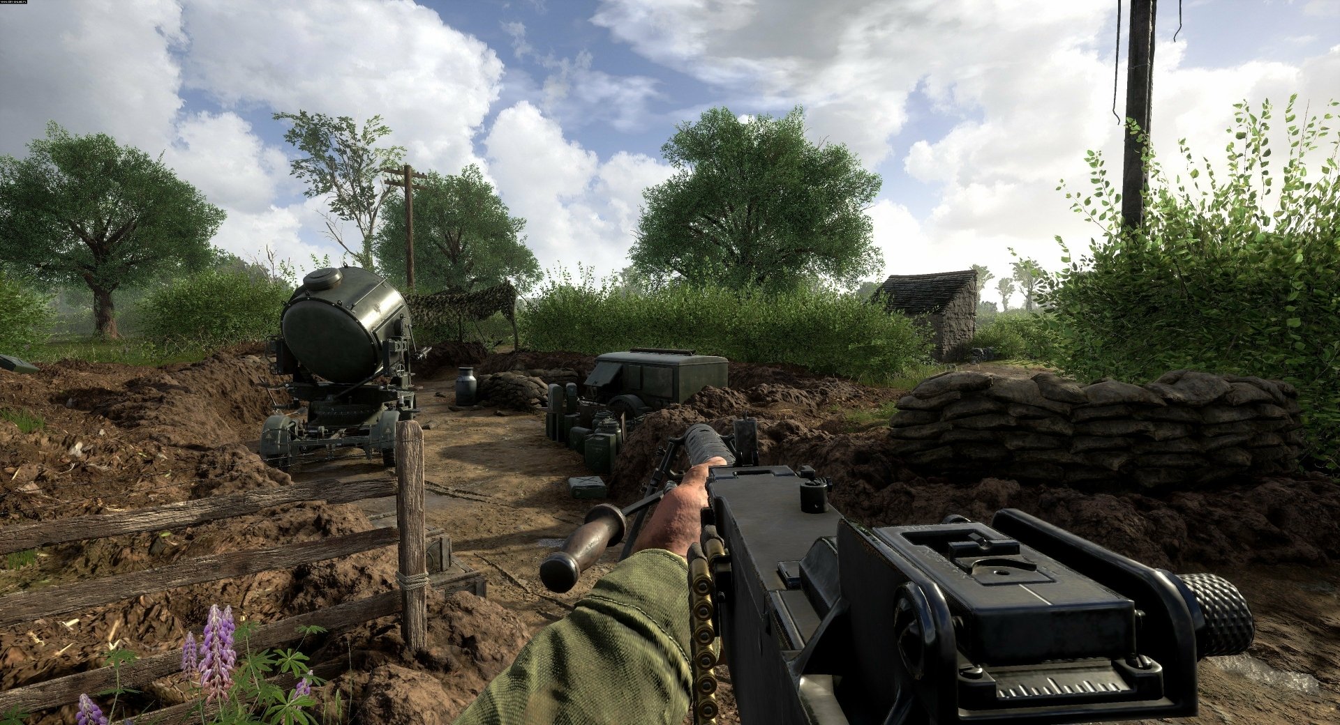 HD desktop wallpaper featuring a first-person view from the game Hell Let Loose, with a soldier's arms holding a weapon amidst a war-torn landscape.