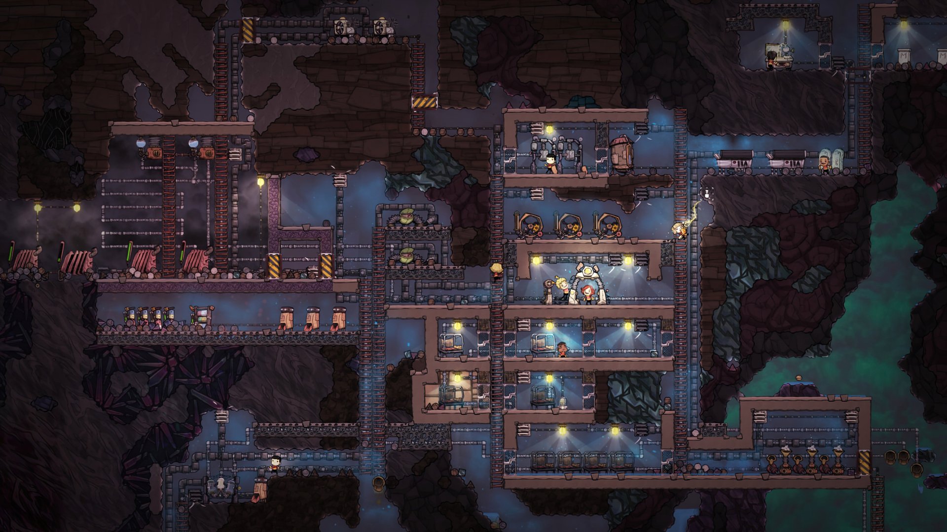 HD desktop wallpaper featuring a base from the game Oxygen Not Included with intricate colony layout and resource management.