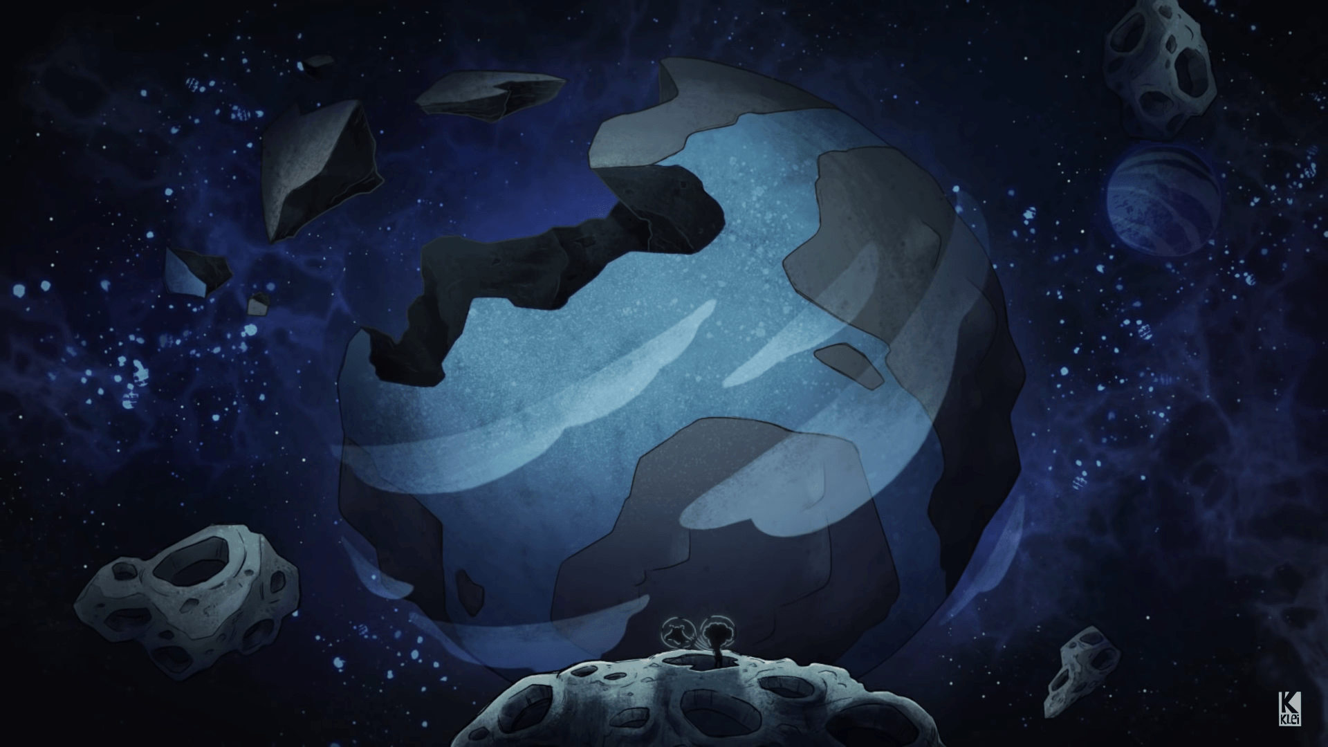 HD PC desktop wallpaper of the video game Oxygen Not Included — stylized icy planet and surrounding asteroids drifting in deep blue space, sci-fi background.