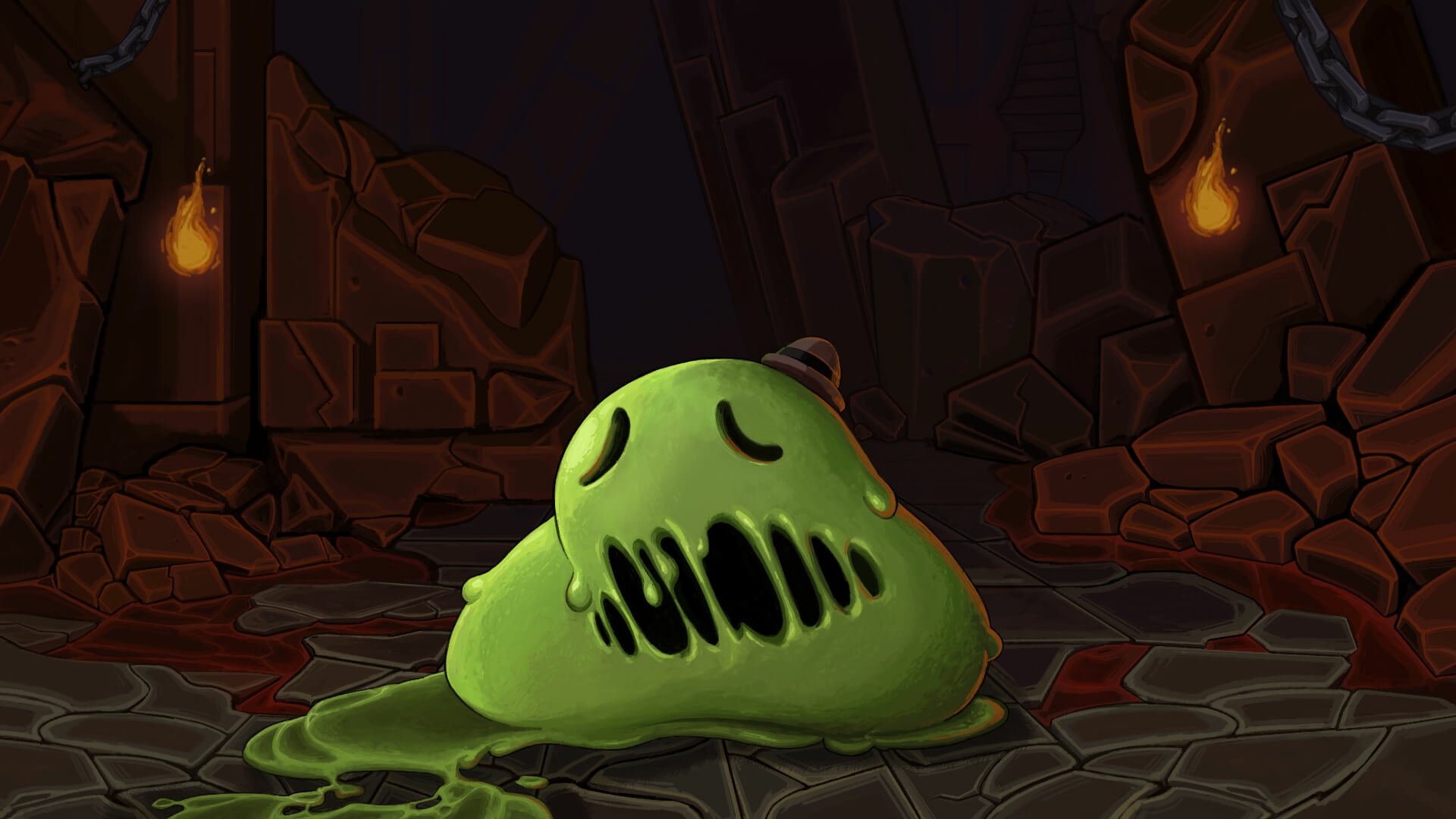 Slay the Spire HD wallpaper featuring Acid Slime enemy in a dungeon setting.