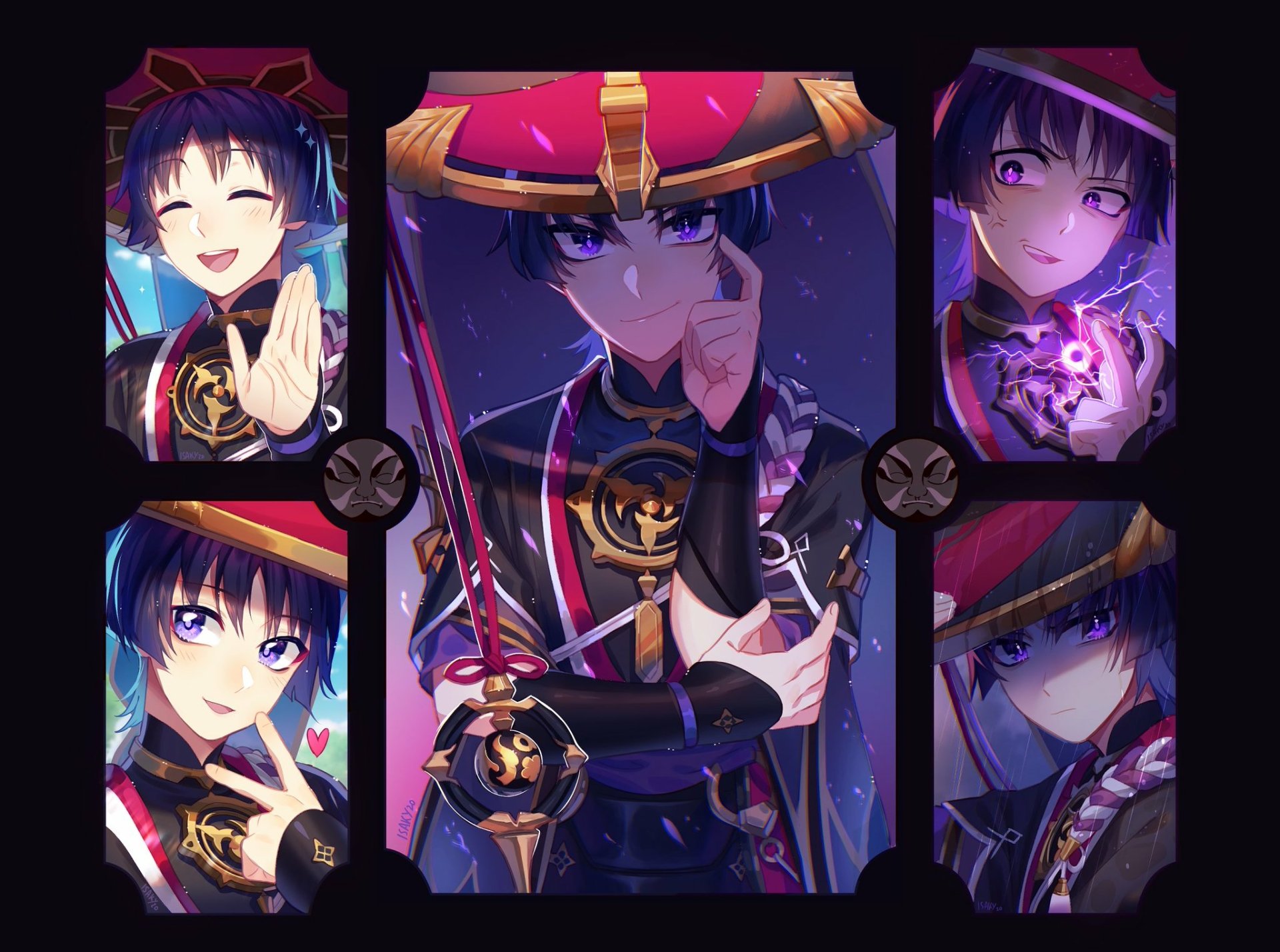 HD PC desktop wallpaper of Scaramouche (Genshin Impact) from the video game Genshin Impact: multiple purple-toned portraits and expressions arranged in panelled frames.