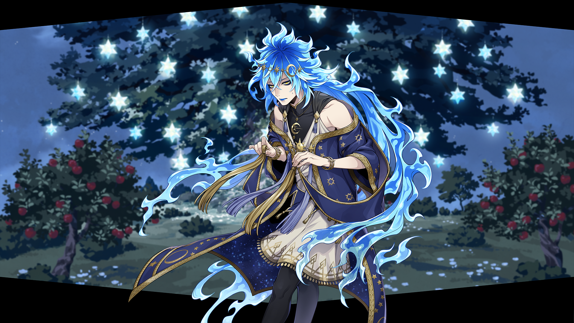 Idia Shroud from the video game Twisted Wonderland surrounded by blue flame aura and glowing stars, HD PC desktop wallpaper/background with night garden and roses.