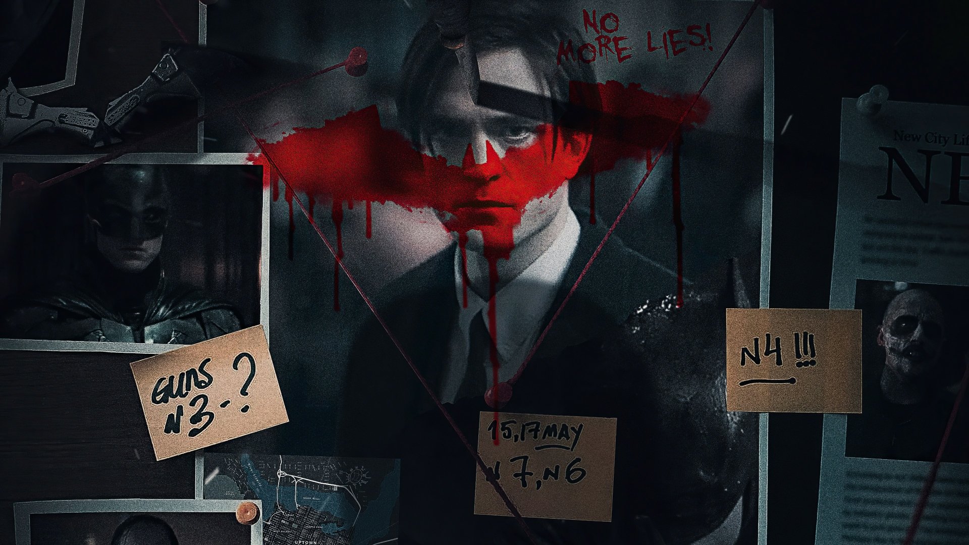 4K Ultra HD PC wallpaper featuring Robert Pattinson as Bruce Wayne from DC Comics' The Batman, with a dark, moody backdrop and thematic graffiti details.