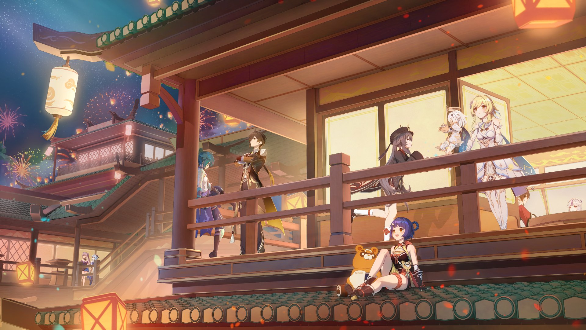 4K Ultra HD Genshin Impact PC wallpaper featuring characters Beidou, Ningguang, Lumine, Paimon, Hu Tao, Guoba, Xiangling, Zhongli, Xiao, Ganyu, and Keqing.