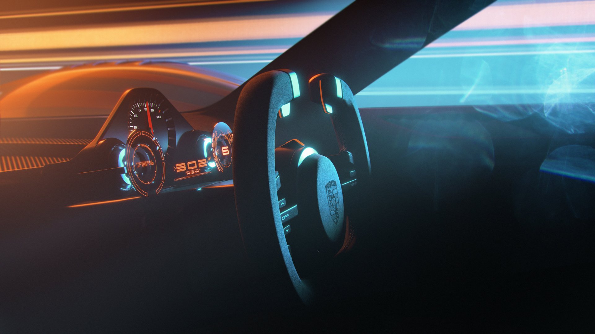 HD desktop wallpaper featuring the stylish interior view of a Porsche Vision 908 with illuminated dashboard and steering wheel against a dynamic neon-lit background.