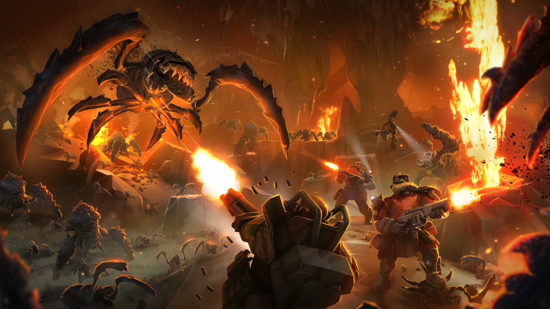 HD Deep Rock Galactic game wallpaper showing space dwarves and alien creatures in an action-packed subterranean battle scene for desktop background.