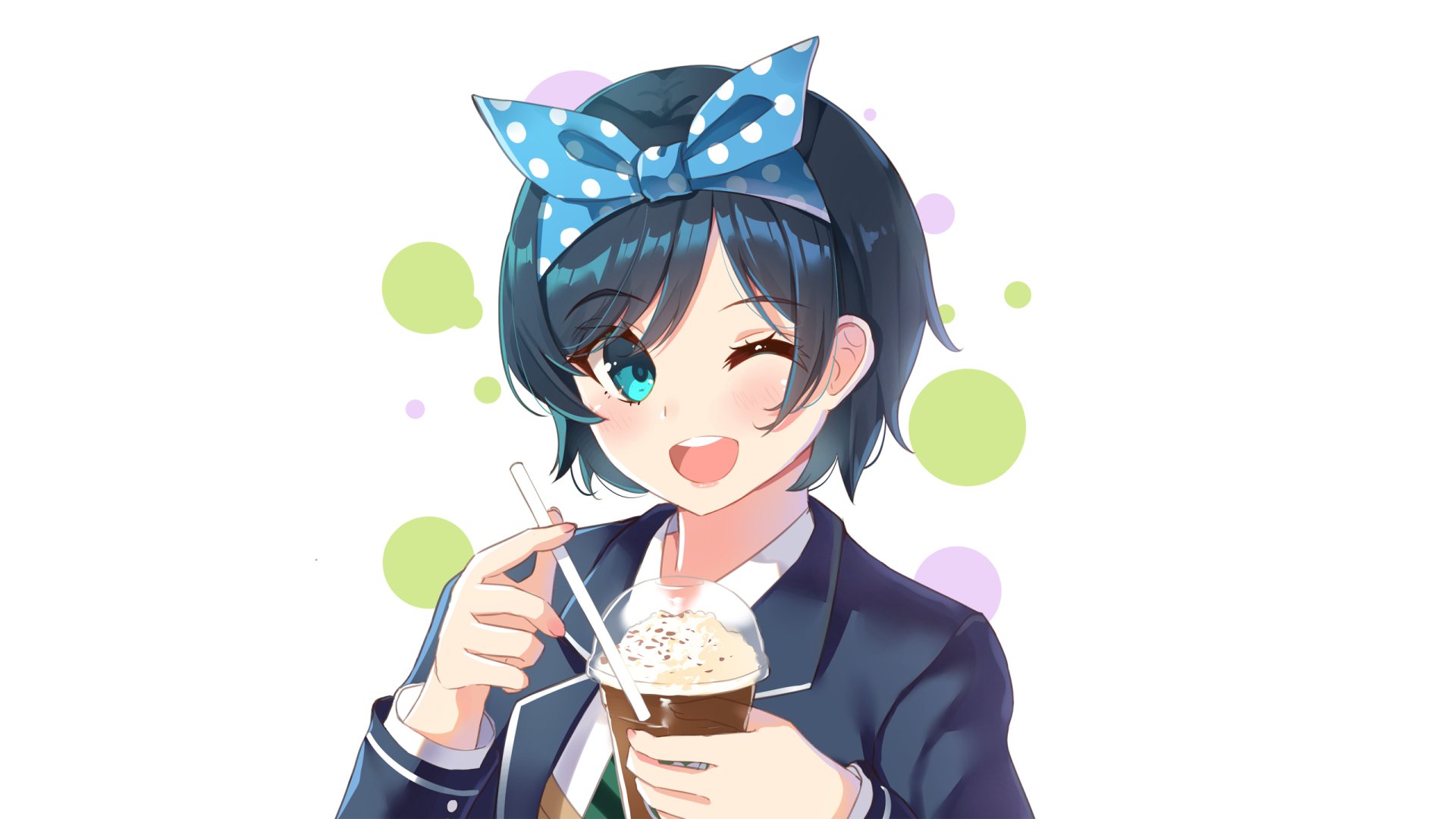 HD PC desktop wallpaper featuring Ruka Sarashina from the anime Rent-A-Girlfriend, smiling and holding a drink with a blue polka-dot bow in her hair.