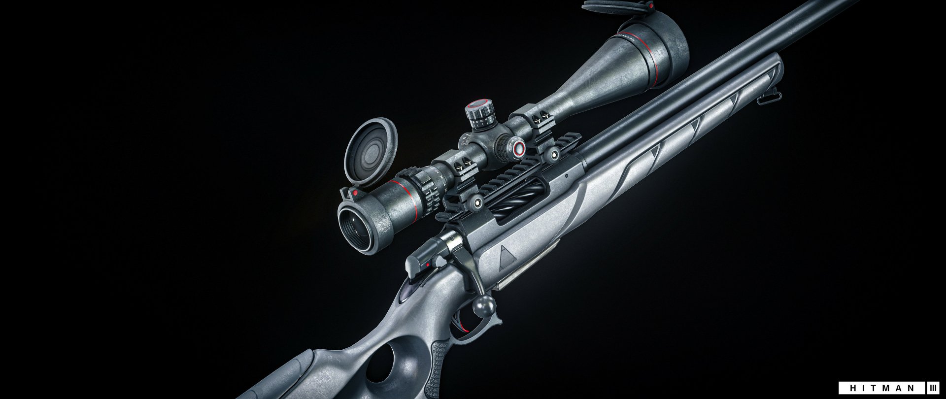 HD desktop wallpaper featuring a detailed sniper rifle from Hitman 3 game on a dark background.