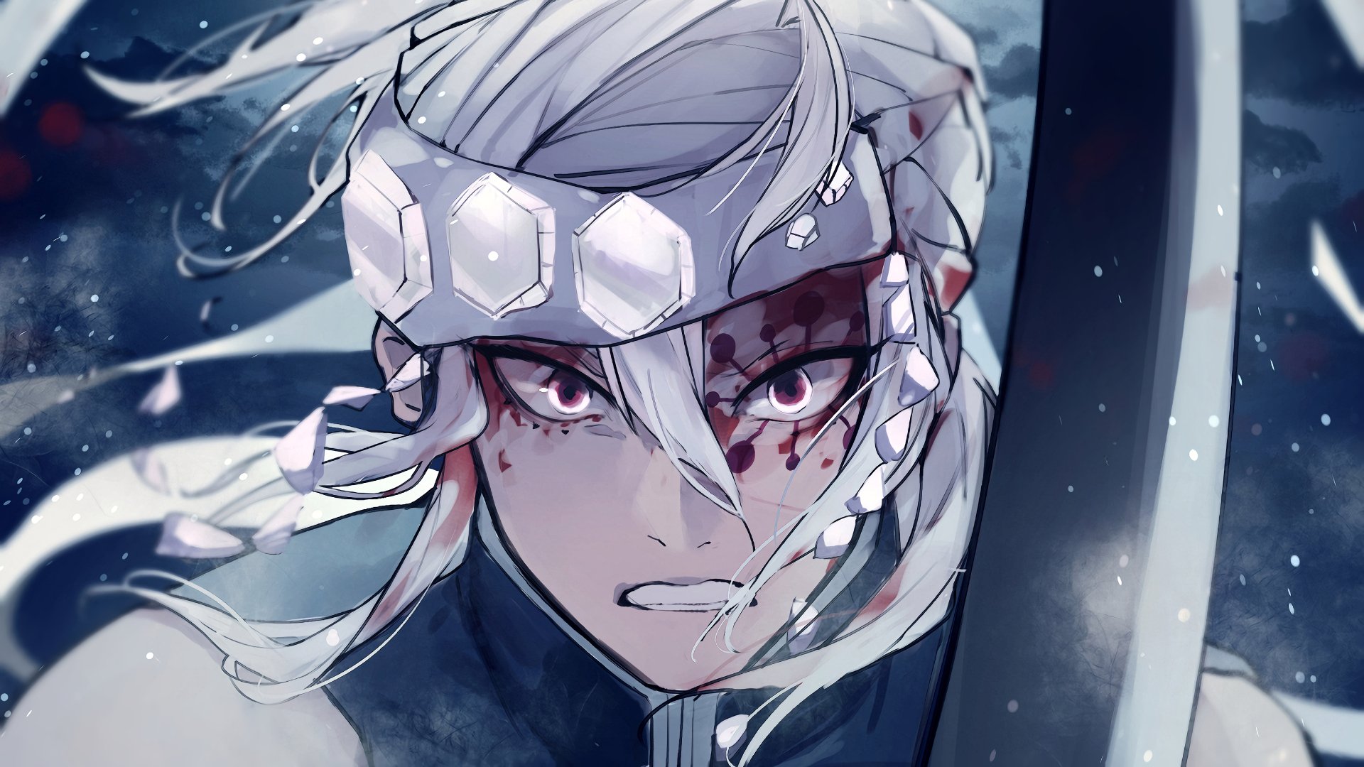 Tengen Uzui from Demon Slayer: Kimetsu no Yaiba in a detailed 4K Ultra HD anime-style PC desktop wallpaper with intense expression and dynamic shading.