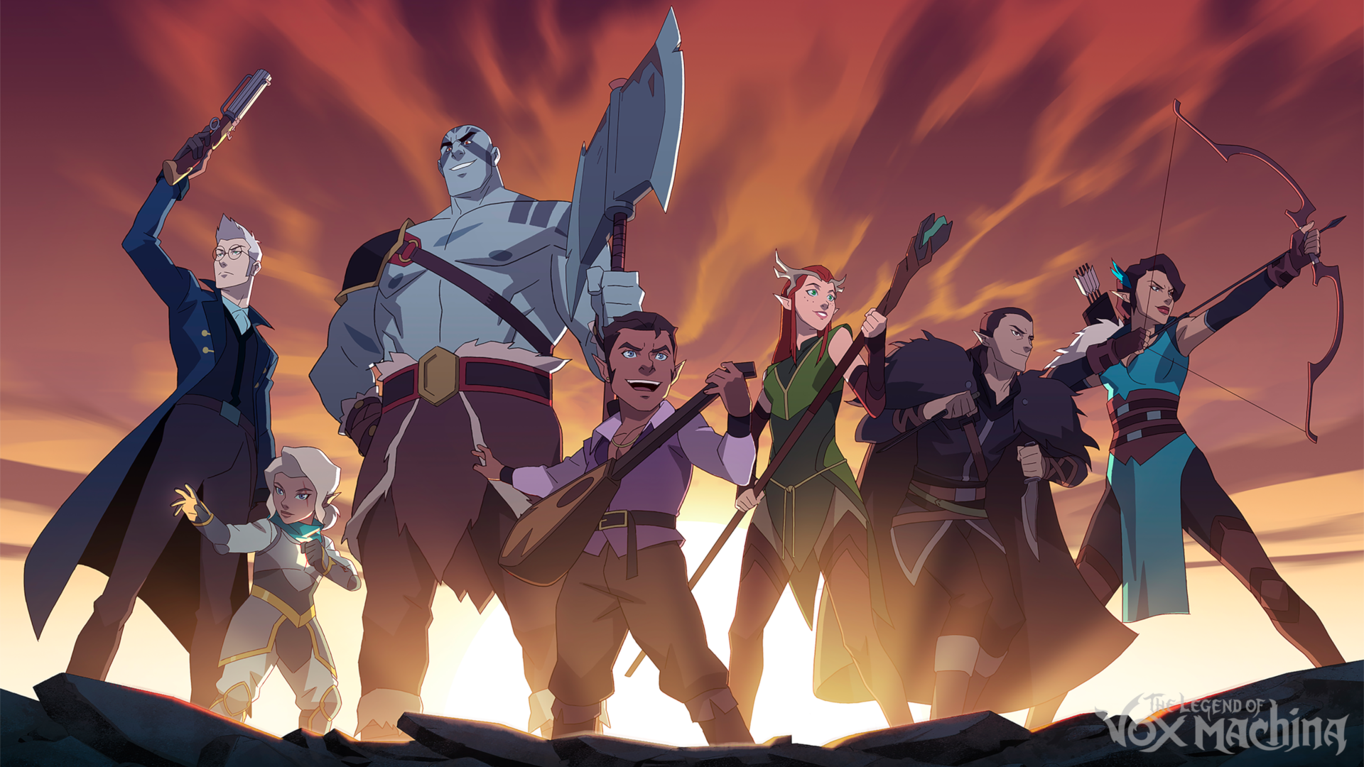 HD PC desktop wallpaper of The Legend of Vox Machina cast standing triumphant on a rocky ridge against a fiery sky, TV show logo in the corner.