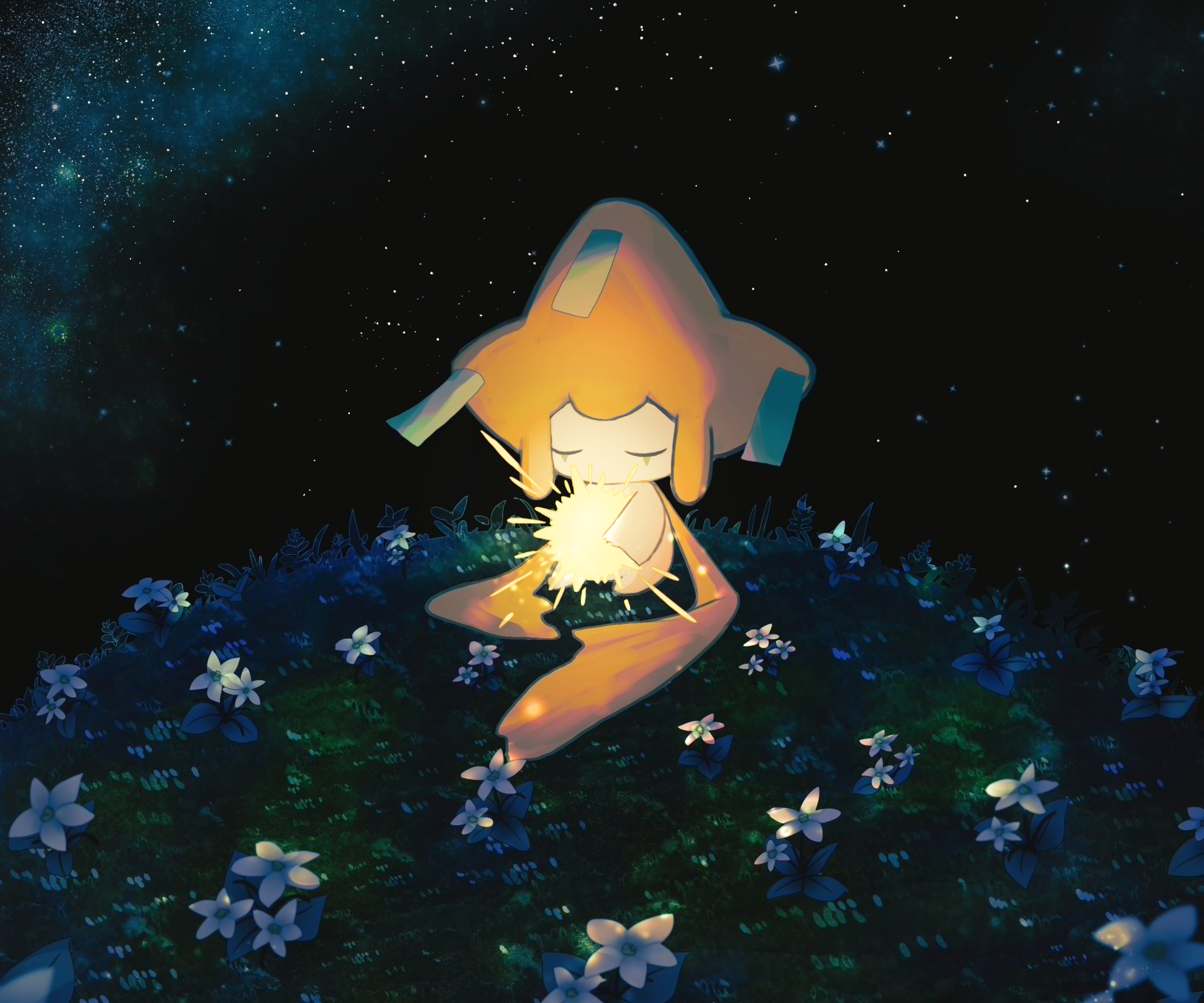 HD PC desktop wallpaper featuring Jirachi, the legendary Pokémon, glowing softly amid flowers under a starry night sky in anime style.