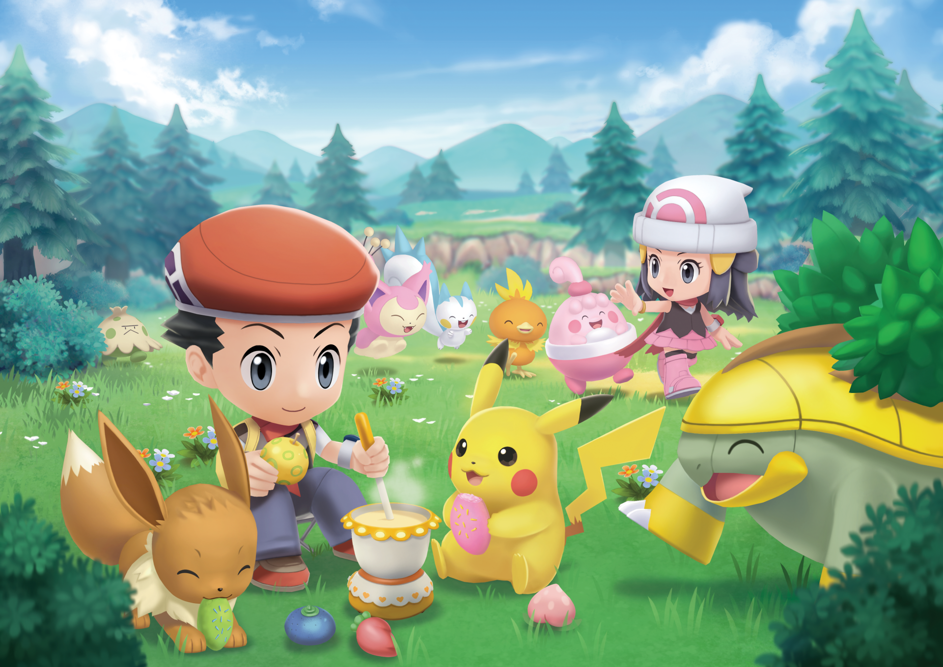 4K Ultra HD anime-style Pokémon scene featuring trainers and Pikachu enjoying a cheerful picnic in a vibrant forest clearing with mountains in the background.