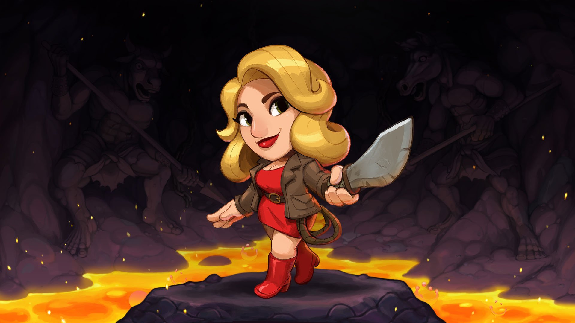 Spelunky 2 character with a shovel standing on a rock above lava in an HD game wallpaper background.