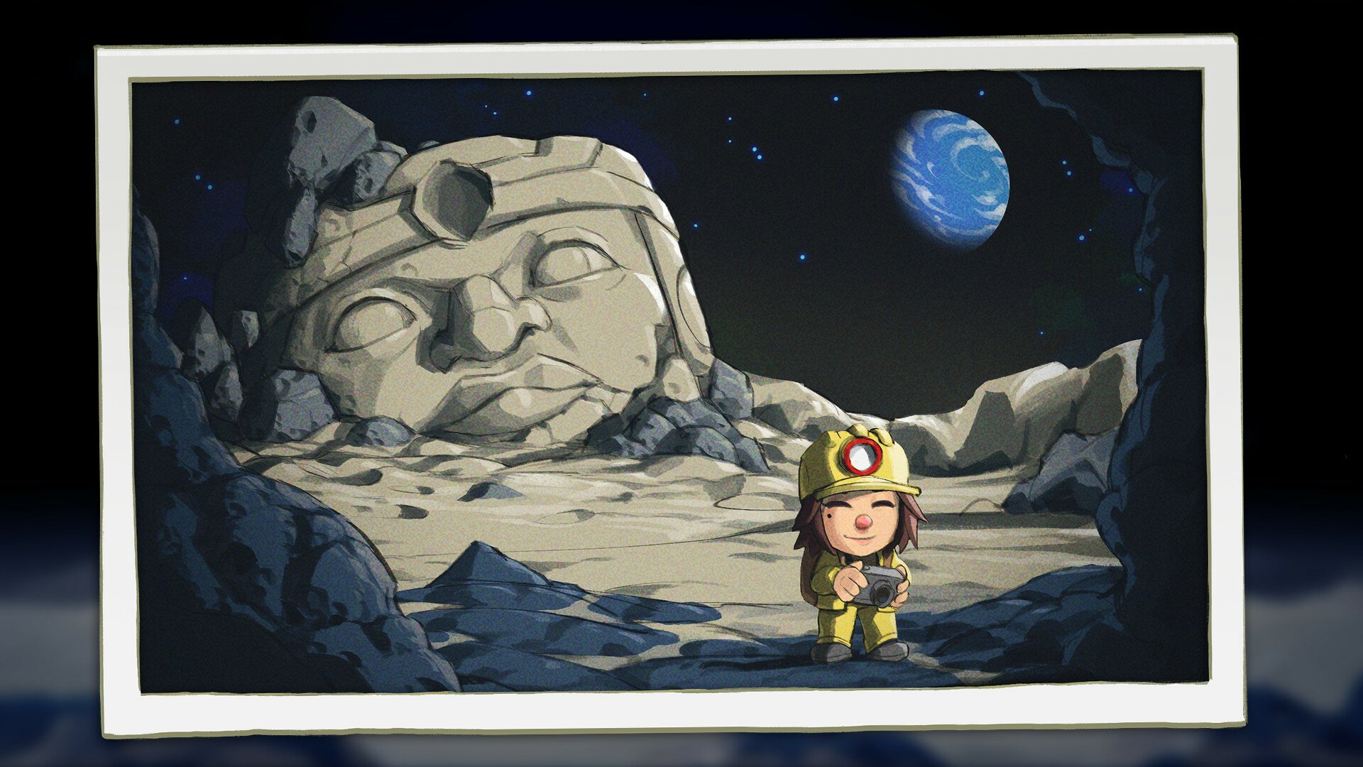 HD desktop wallpaper featuring an animated character from Spelunky 2 with a lunar background and large stone head.