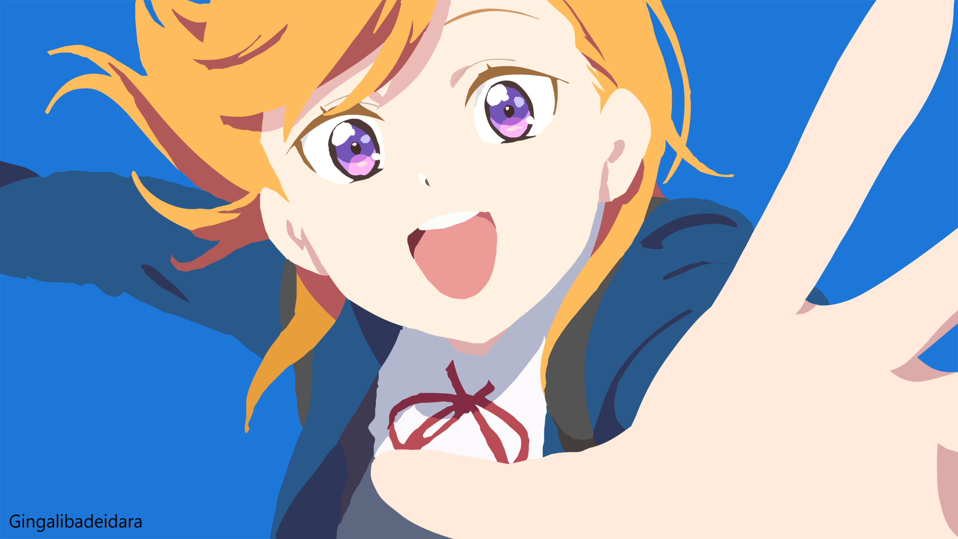 Vector-style 4K PC wallpaper of Kanon Shibuya from Love Live! Superstar!! (Love Live! anime): cheerful, orange-haired idol with purple eyes reaching out in a school uniform against a bright blue background.