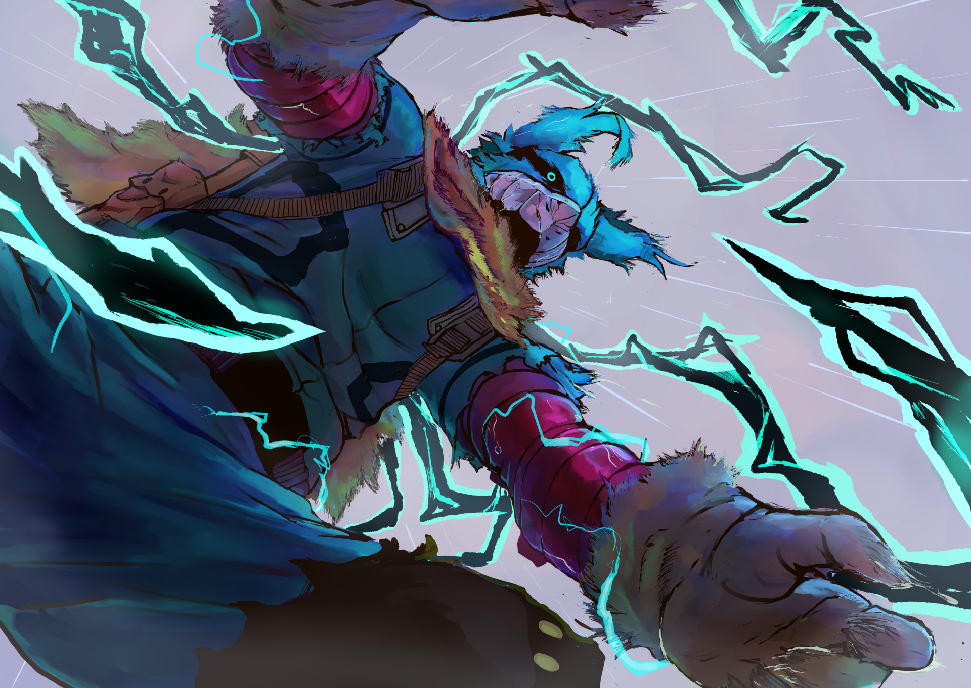 HD desktop wallpaper featuring Izuku Midoriya from the anime My Hero Academia, depicted in dynamic action with electrifying energy effects.