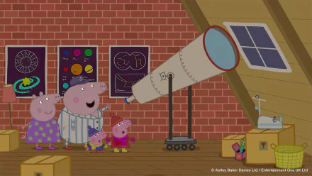 HD desktop wallpaper featuring Peppa Pig and her family looking through a telescope in an attic with scientific charts on the wall.