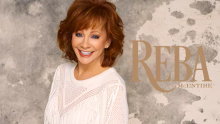 Smiling woman with a stylish haircut posing for a HD desktop wallpaper with a vintage-inspired background and 'REBA' text overlay.