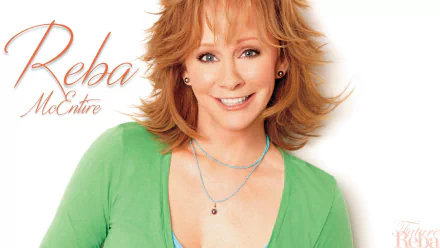 Smiling woman in green top posing for a HD desktop wallpaper with styled text overlay.