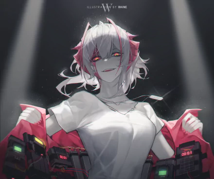 HD PC desktop wallpaper/background of W (Arknights) from the video game Arknights: smirking white-haired woman with red eyes pulling a red jacket off her shoulders under spotlights.