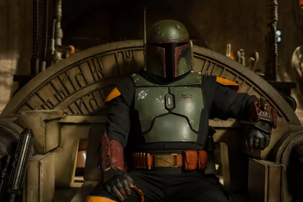 Boba Fett in full armor seated inside a dimly lit room, featured as a 4K Ultra HD PC desktop wallpaper from the TV show The Book of Boba Fett.