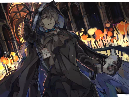 Phantom from Arknights in a hooded cloak holding a mask amid a glowing candlelit cathedral — stylized video game 4K Ultra HD PC desktop wallpaper/background.