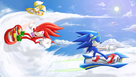 High-definition Sonic Riders wallpaper featuring Sonic the Hedgehog, Knuckles the Echidna, and Miles 'Tails' Prower racing through a bright blue sky.
