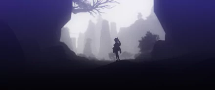 HD PC desktop wallpaper featuring Keqing from Genshin Impact, showcasing her silhouette against a misty, mountainous background in a video game setting.