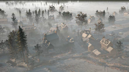 HD desktop wallpaper of Hell Let Loose game featuring a snowy landscape with village buildings and trees.