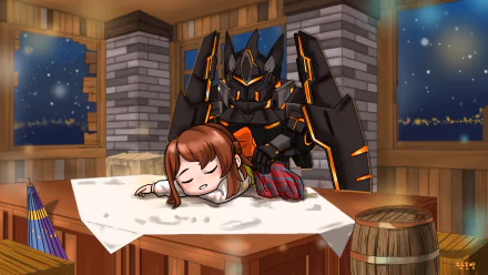 Loraine (Guardian Tales) sleeps atop a tavern table as a black-orange guardian mech watches over her by starry windows — video game 4K Ultra HD PC desktop wallpaper.