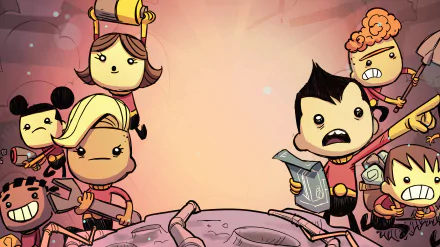 HD wallpaper featuring animated characters from the game Oxygen Not Included, depicted in a comic style against a moody backdrop.