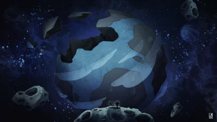 HD PC desktop wallpaper of the video game Oxygen Not Included — stylized icy planet and surrounding asteroids drifting in deep blue space, sci-fi background.