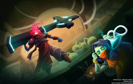 HD Dead Cells game wallpaper featuring a dynamic action scene with the main character wielding a large sword.
