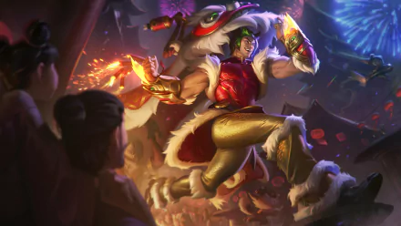 Sett from League Of Legends in a vibrant lion-dance outfit, striking a powerful pose amid fireworks and a cheering crowd — 4K Ultra HD PC desktop wallpaper background (video game).